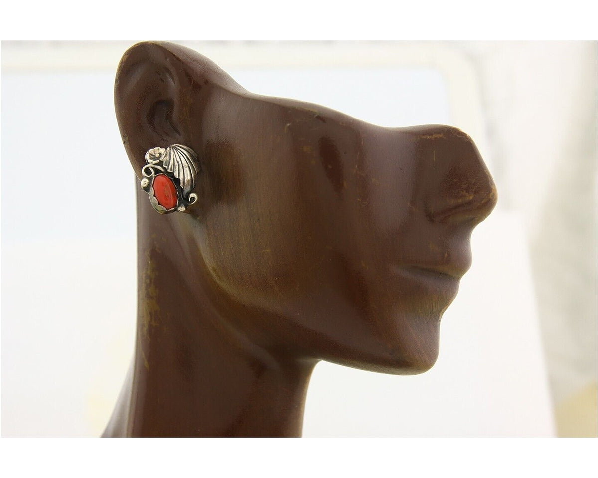 Navajo Earrings 925 Silver Natural Coral Native American Artist C.80's