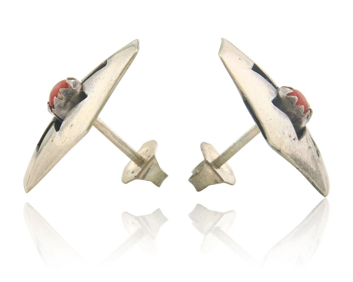 Navajo Earrings 925 Silver Natural Coral Native American Artist C.80's