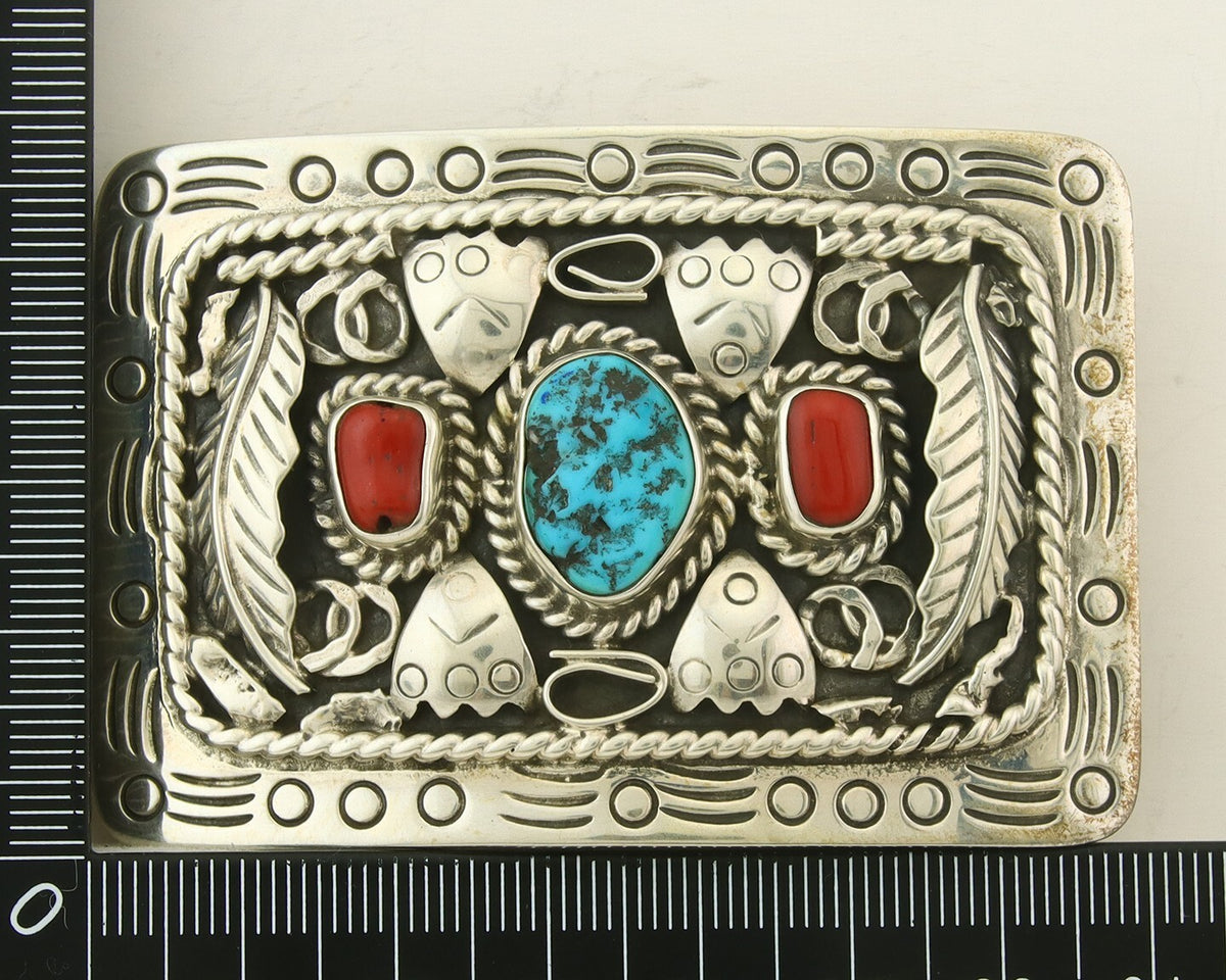 Vintage Navajo Belt Buckle 925 Silver Cluster Natural Gemstone Signed Teepee