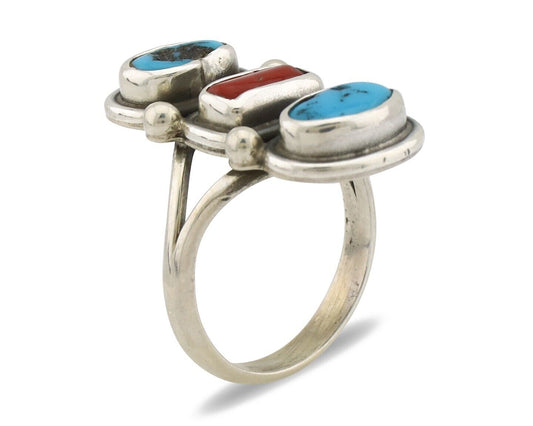 Navajo Ring 925 Silver Sleeping B Turquoise & Coral Native American Artist C.80s