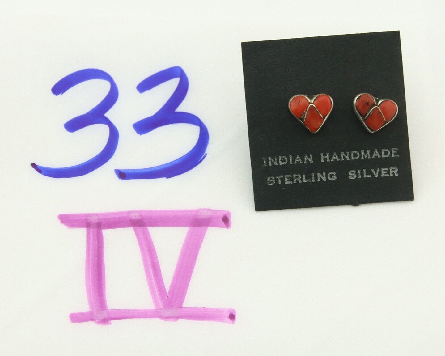 Navajo Heart Earrings 925 Silver Natural Inlaid Coral Native American Artist C80