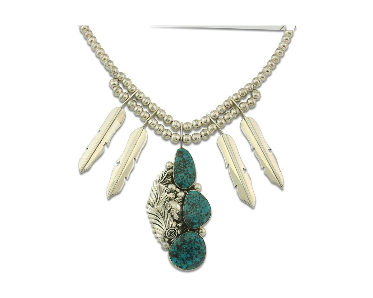 Vintage Navajo Bead Necklace 925 Siilver Turquoise Signed Ben S & LSP