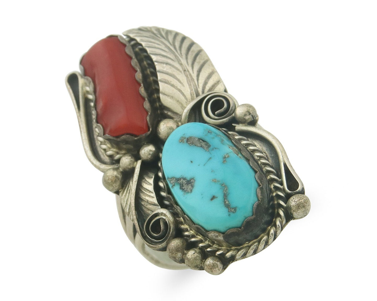 Navajo Ring 925 Sterling Natural Coral & Turquoise Signed JM C.80's Size 10.75
