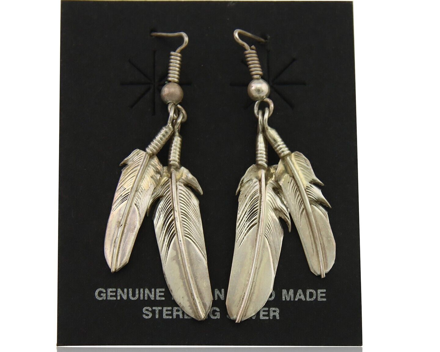 Navajo Earrings 925 Silver Dangle Eagle Feather Native American Artist C.80's