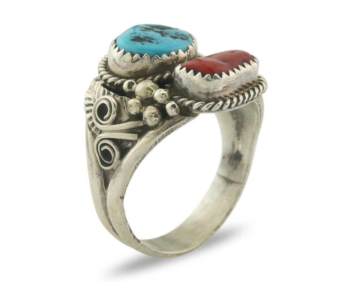 Men Navajo Ring 925 Sterling Natural Coral & Turquoise Signed JM C.80's Sz 12.5