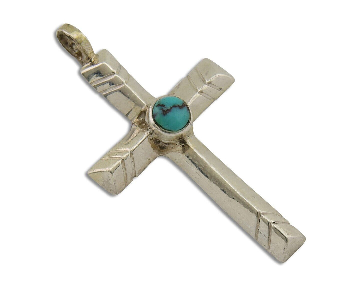 Navajo Sand Cast Cross Pendant 925 Silver Turquoise Artist Signed J Yazzie C.80s