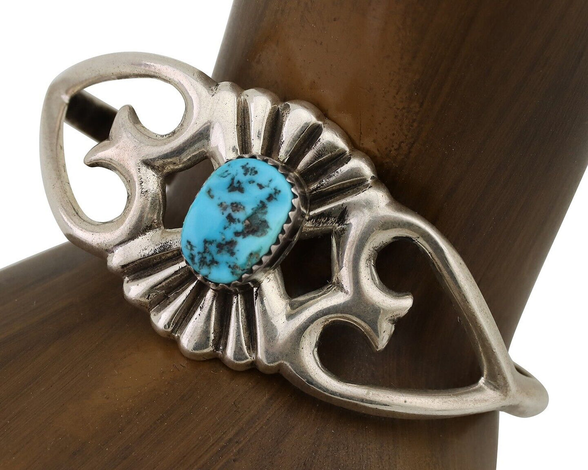 Navajo Sand Cast Cuff Bracelet 925 Silver Natural Turquoise Signed LD C.80's