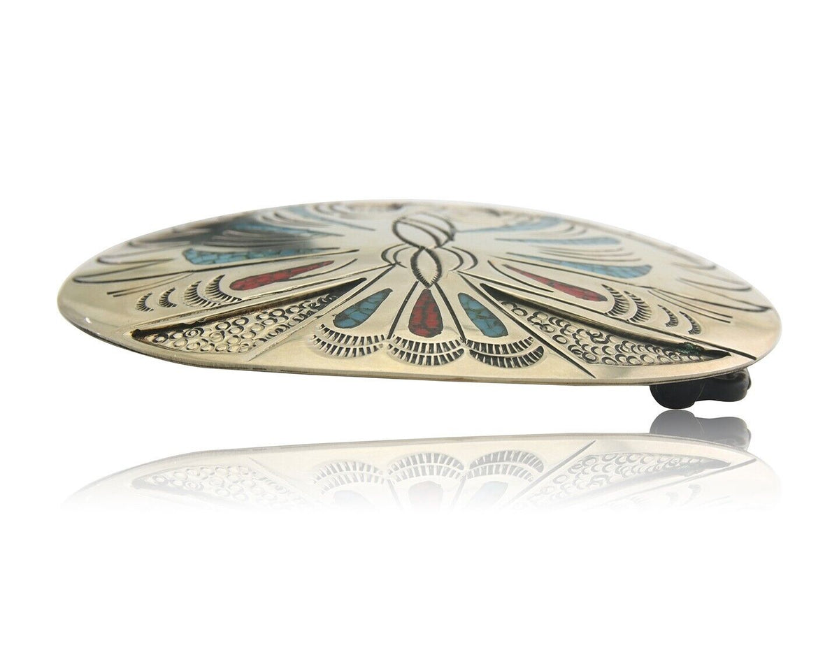 Navajo Belt Buckle .999 Nickel Buffalo Gemstone Signed Chee Keams 3x3.5 in C.80s