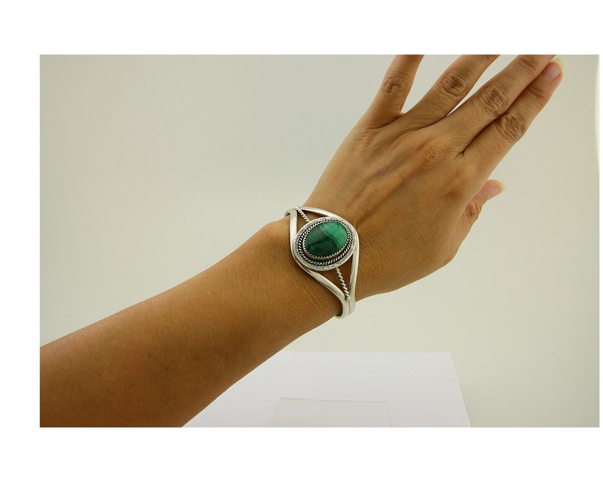 Navajo Cuff Bracelet Natural Malachite 925 Silver Native American Artist C.80s