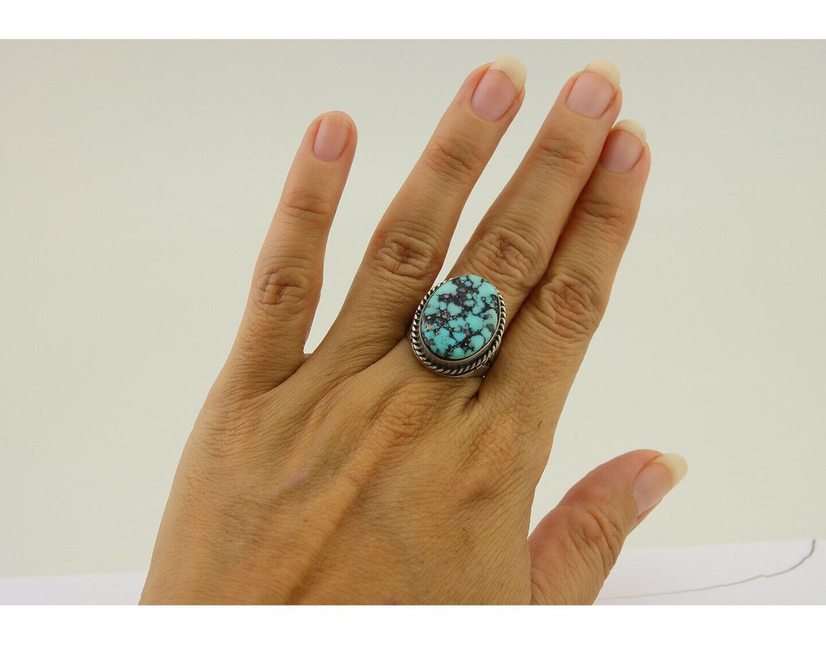 Navajo Ring 925 Sterling Silver Spiderweb Turquoise Native American Artist C.80s