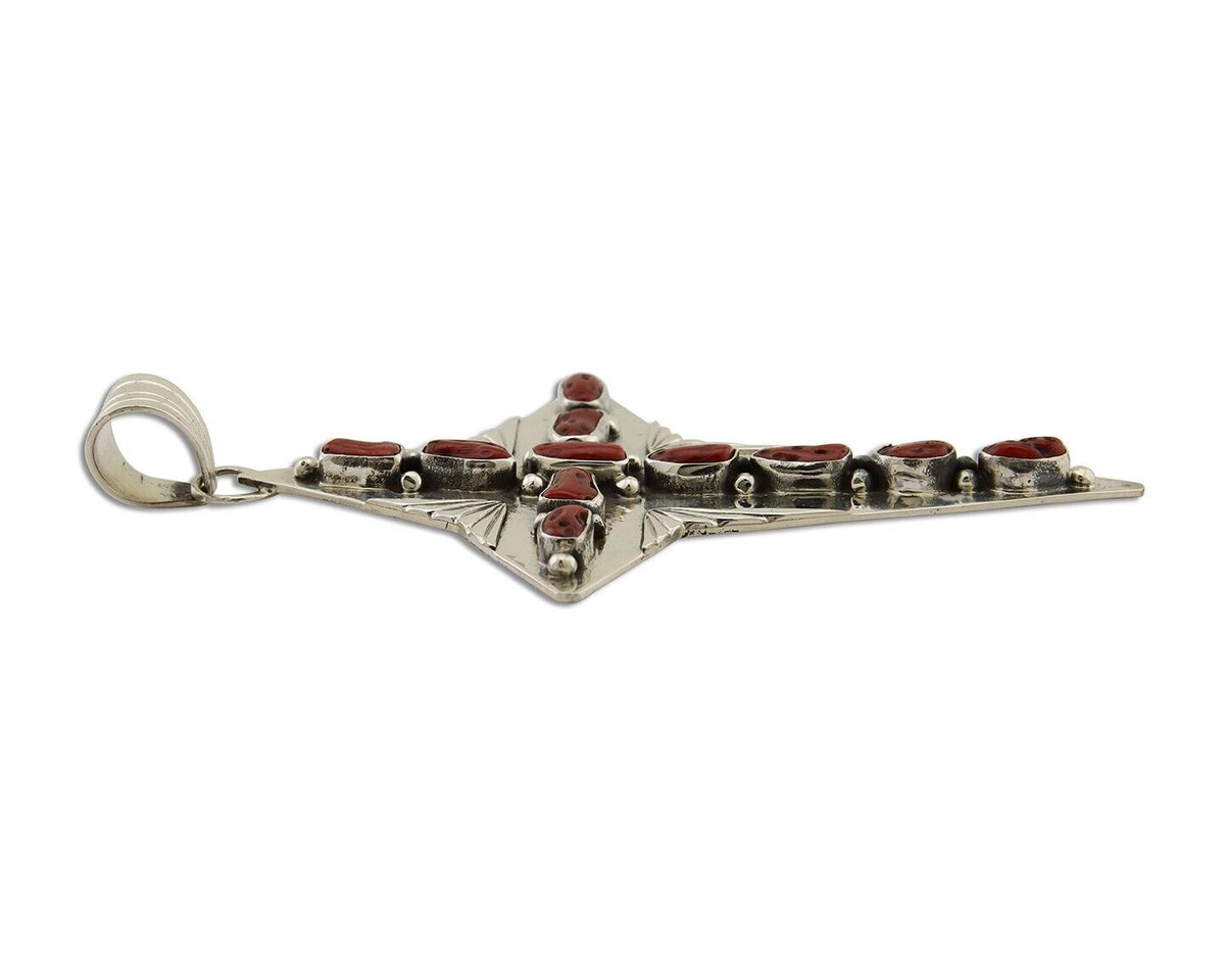 Large Navajo Cross Pendant 925 Silver Mediterranean Coral Artist Signed RD C.80s