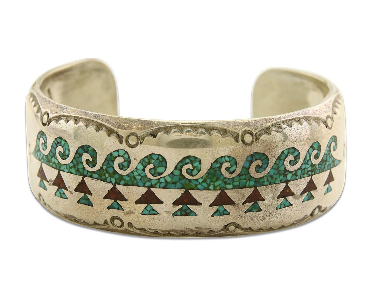 Men Navajo Bracelet 925 Silver Inlaid Coral & Turquoise Artist Signed LB C.80's
