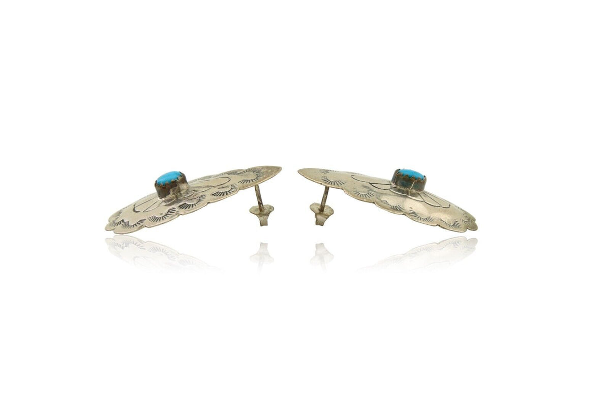 Navajo Earrings 925 Silver Concho Hand Stamped Turquoise Native Artist C.80's
