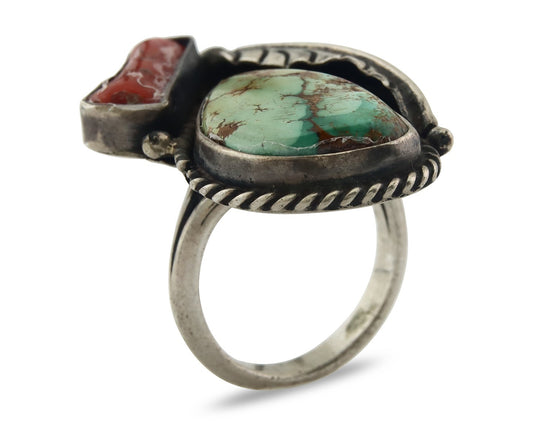 Vintage Navajo Ring 925 Sterling Silver Traditional Authentic Coral & Turquoise