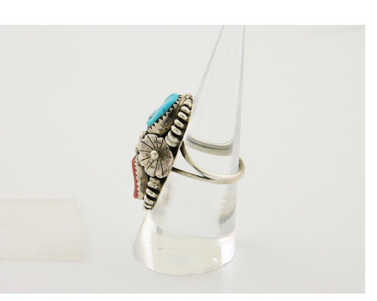 Navajo Handmade Ring 925 Silver Coral & Turquoise Native Artist C.80's