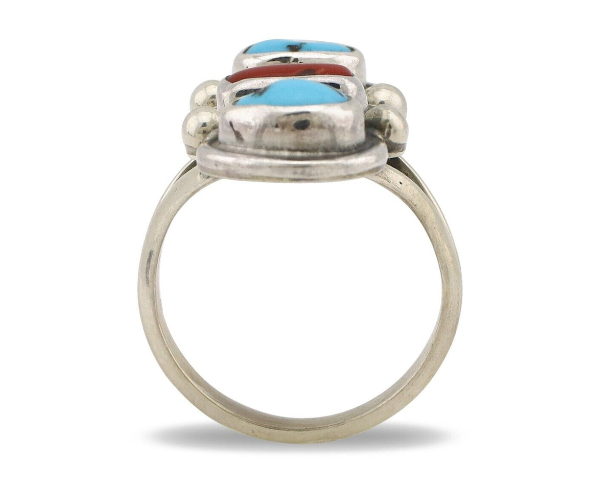Navajo Ring 925 Silver Sleeping B Turquoise & Coral Native American Artist C.80s