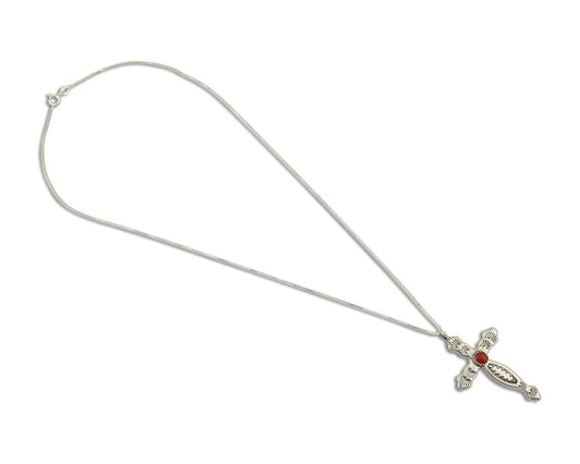 Navajo Cross Necklace 925 Silver Mediterranean Coral Native American Artist C80s
