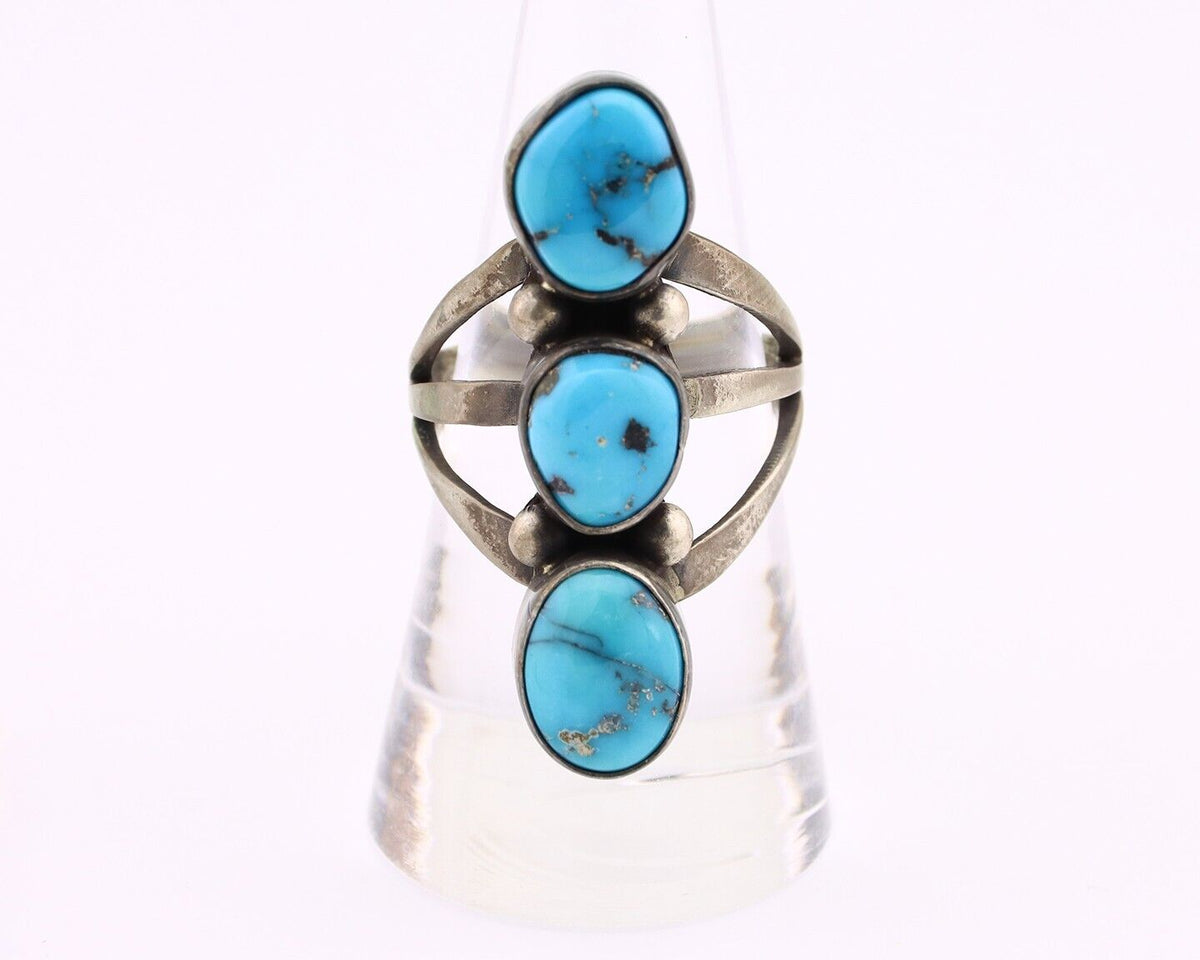 Navajo 3 Stone Ring 925 Silver Blue Turquoise Native American Artist C.80's