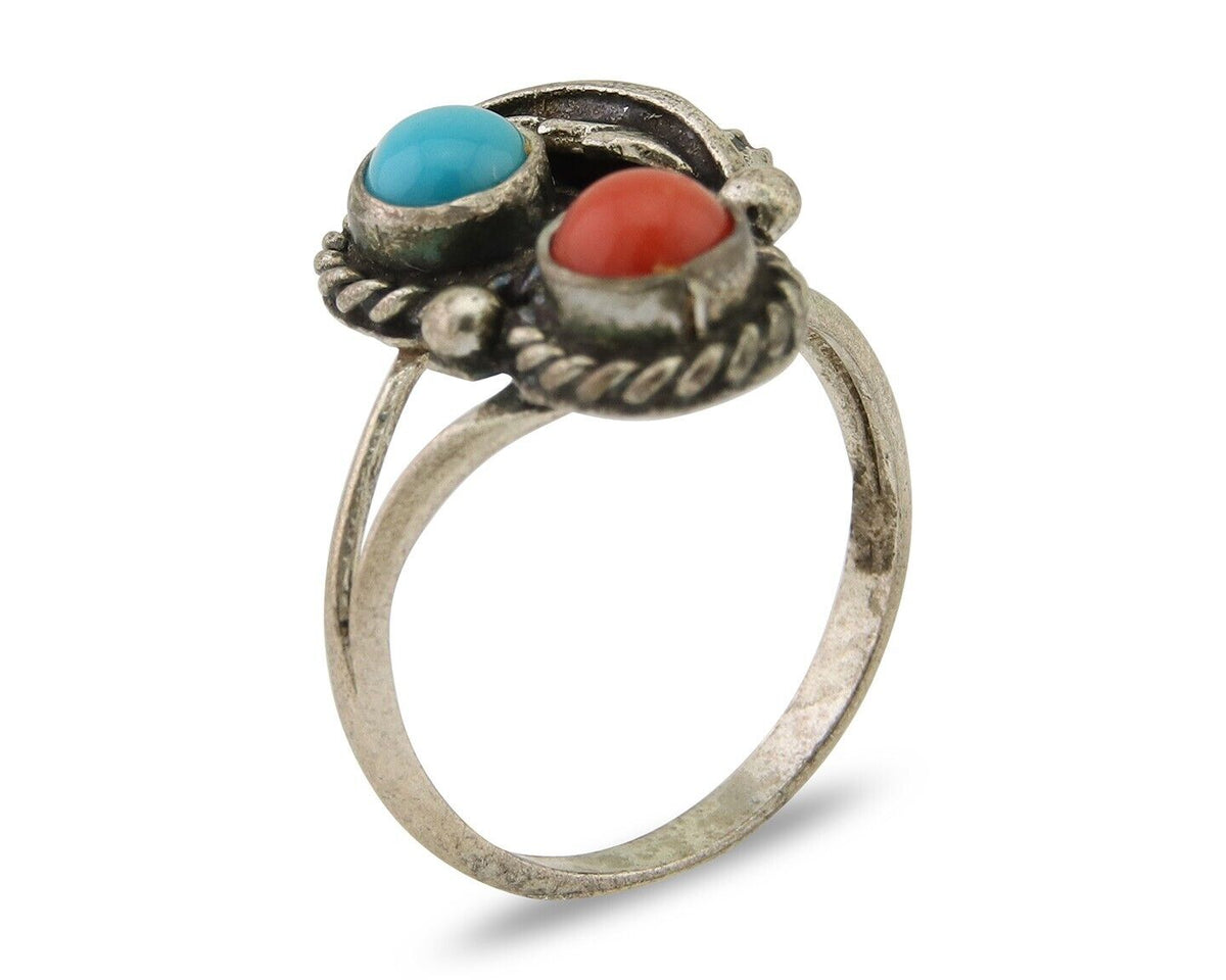 Navajo Handmade Ring 925 Silver Coral & Turquoise Native Artist C.80's