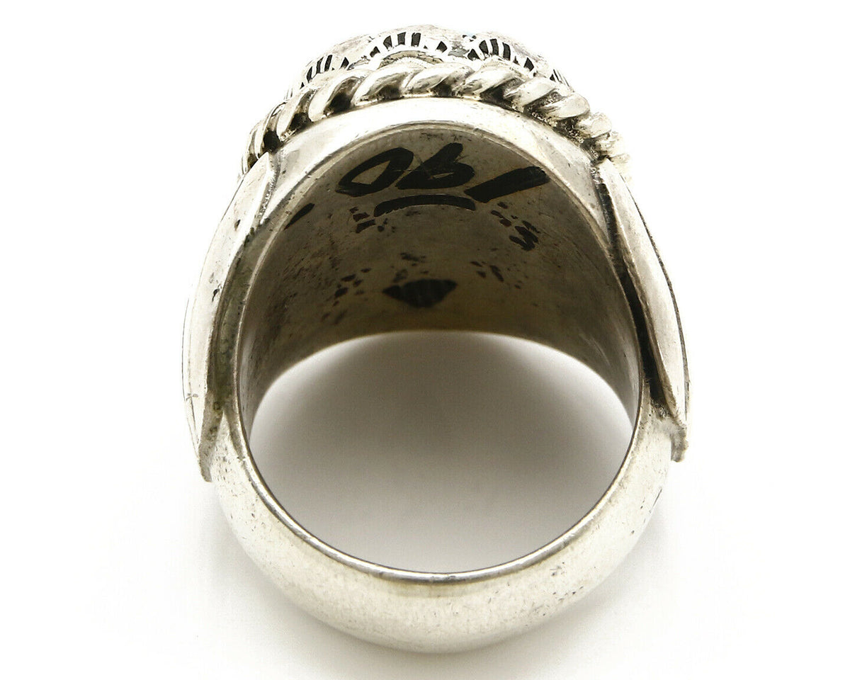 Navajo Ring .925 SOLID Silver Kingman Turquoise Signed Artist TeePee C.80's