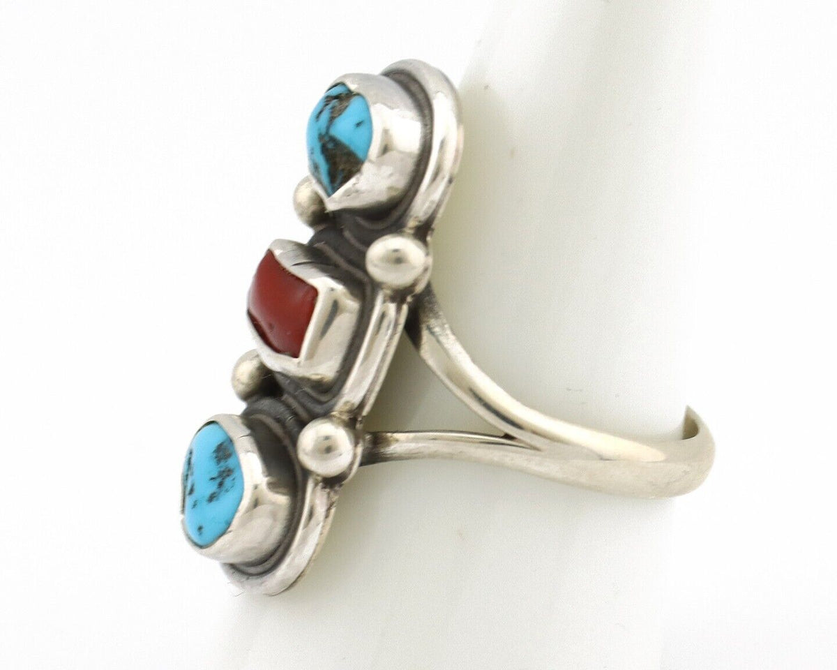 Navajo Ring 925 Silver Sleeping B Turquoise & Coral Native American Artist C.80s