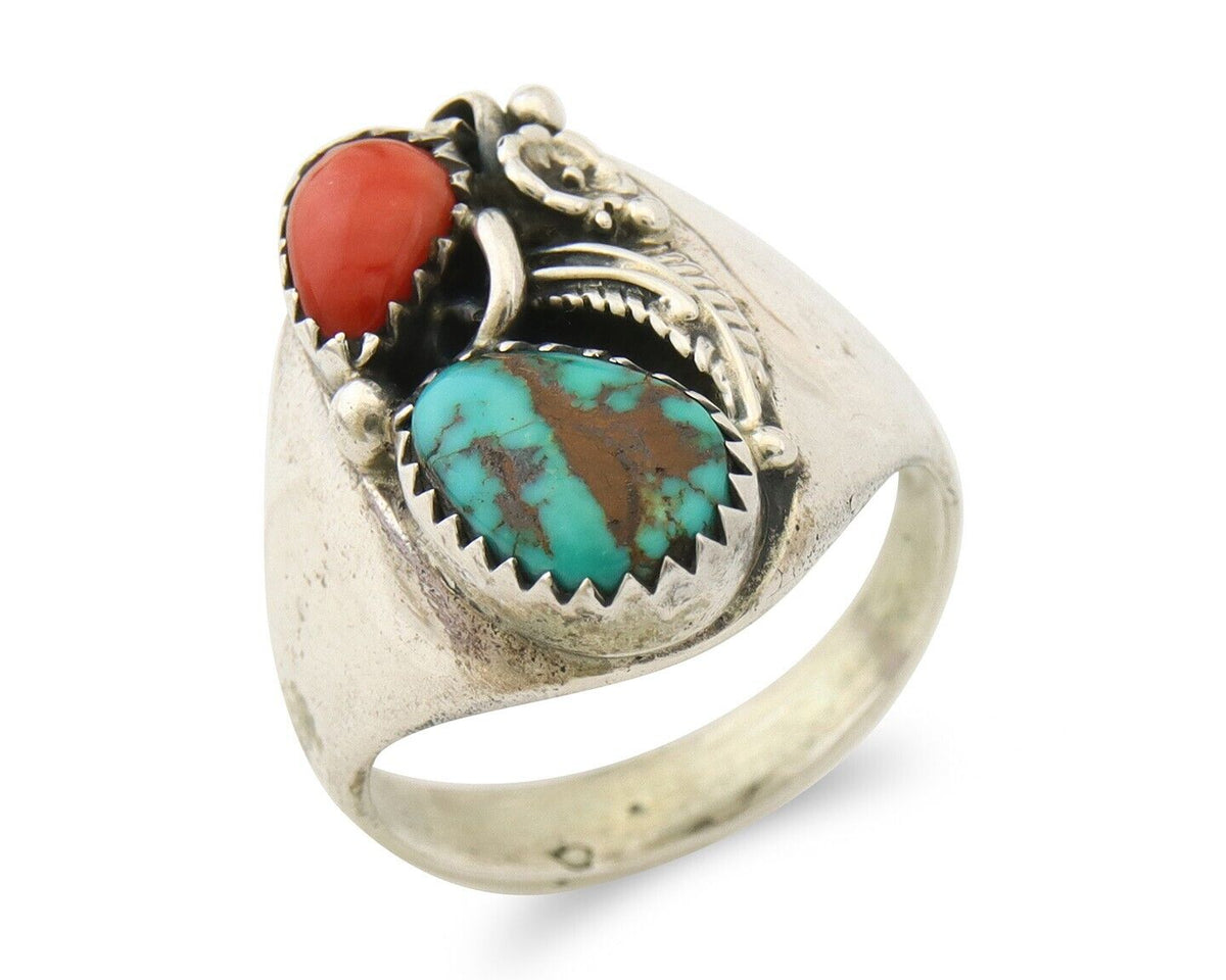 Navajo Ring 925 Sterling Turquoise & Coral Native Artist C.80's Size 8.75