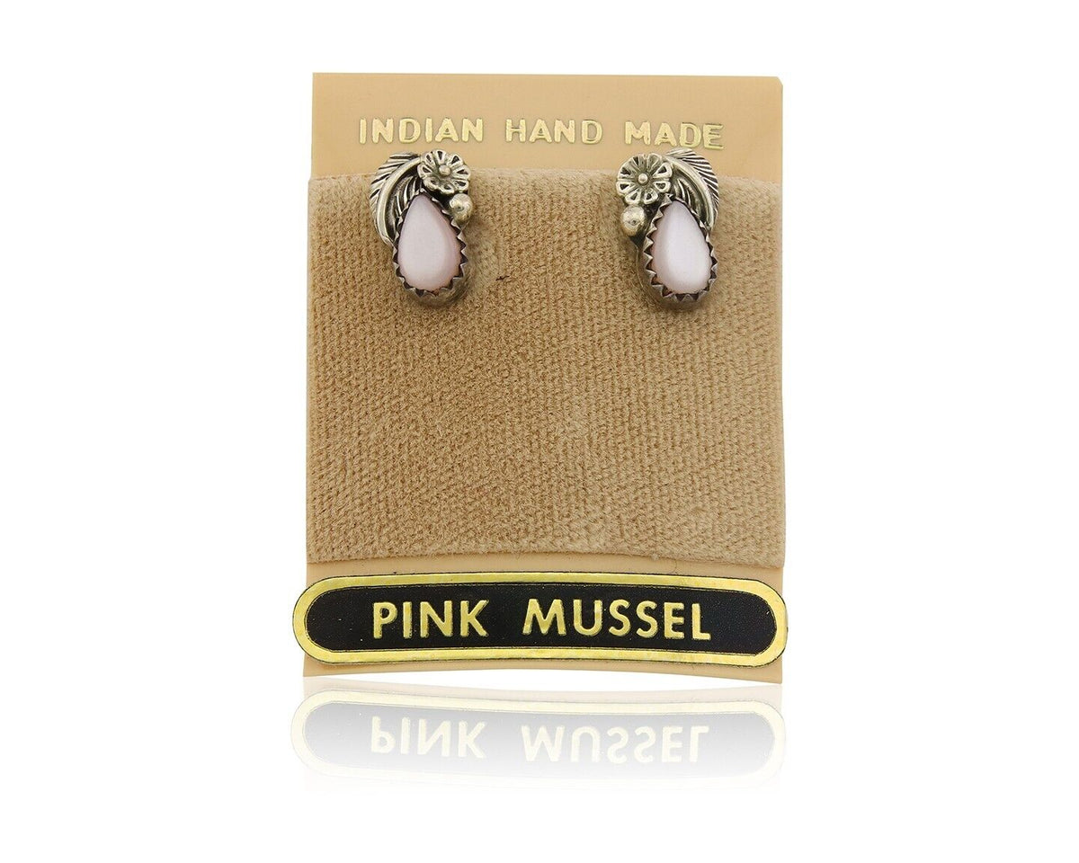 Navajo Earrings 925 Silver Handmade Natural Pink Mussel Native American Artist