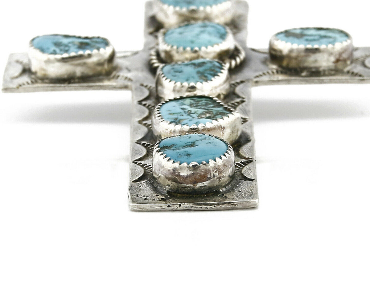 Navajo Cross Pendant .925 Silver Kingman Turquoise Artist C-E Circa 80's