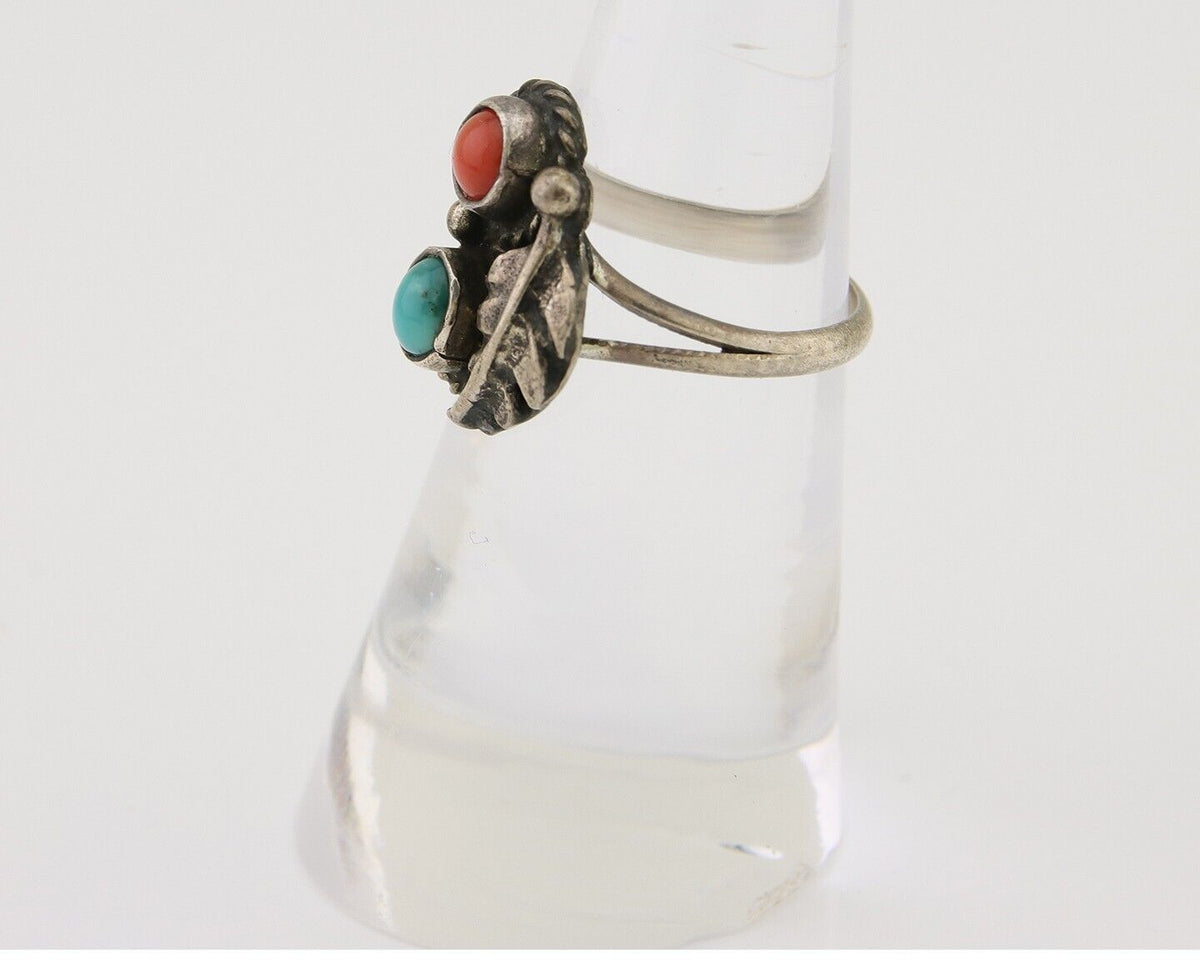 Navajo Handmade Ring 925 Silver Coral & Turquoise Native Artist C.80's