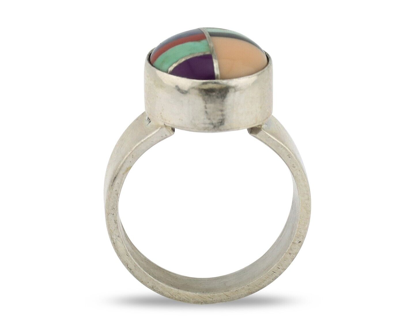 Zuni Inlaid Ring 925 Silver Mixed Natural Gemstones Native American Artist C.80s