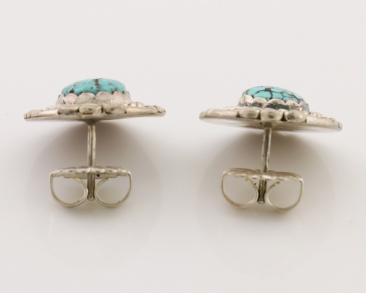Navajo Earrings 925 Silver Spiderweb Mined Turquoise Artist Signed NE C.80's
