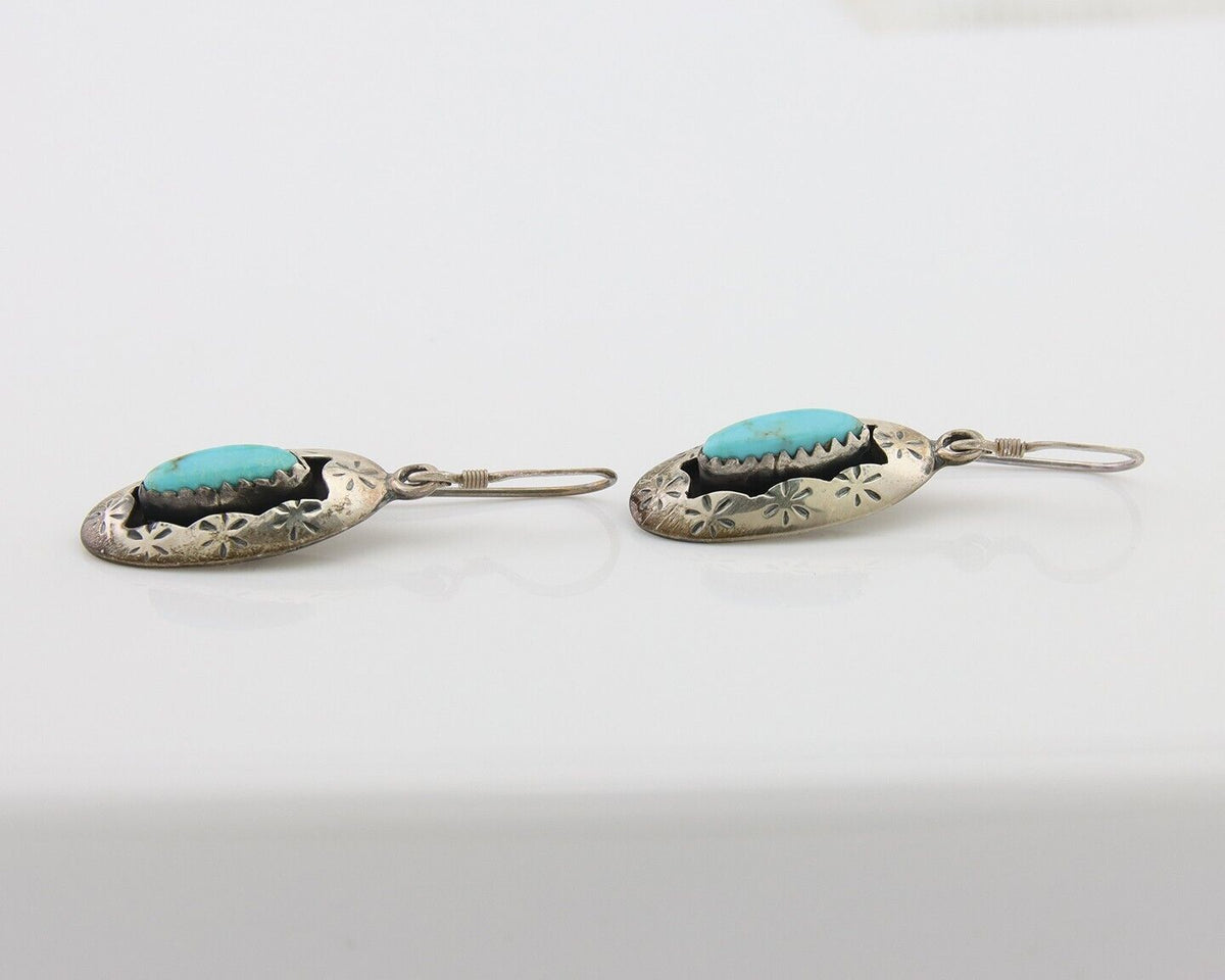Navajo Dangle Earrings 925 Silver Natural Turquoise Artist Signed IJC C.80's