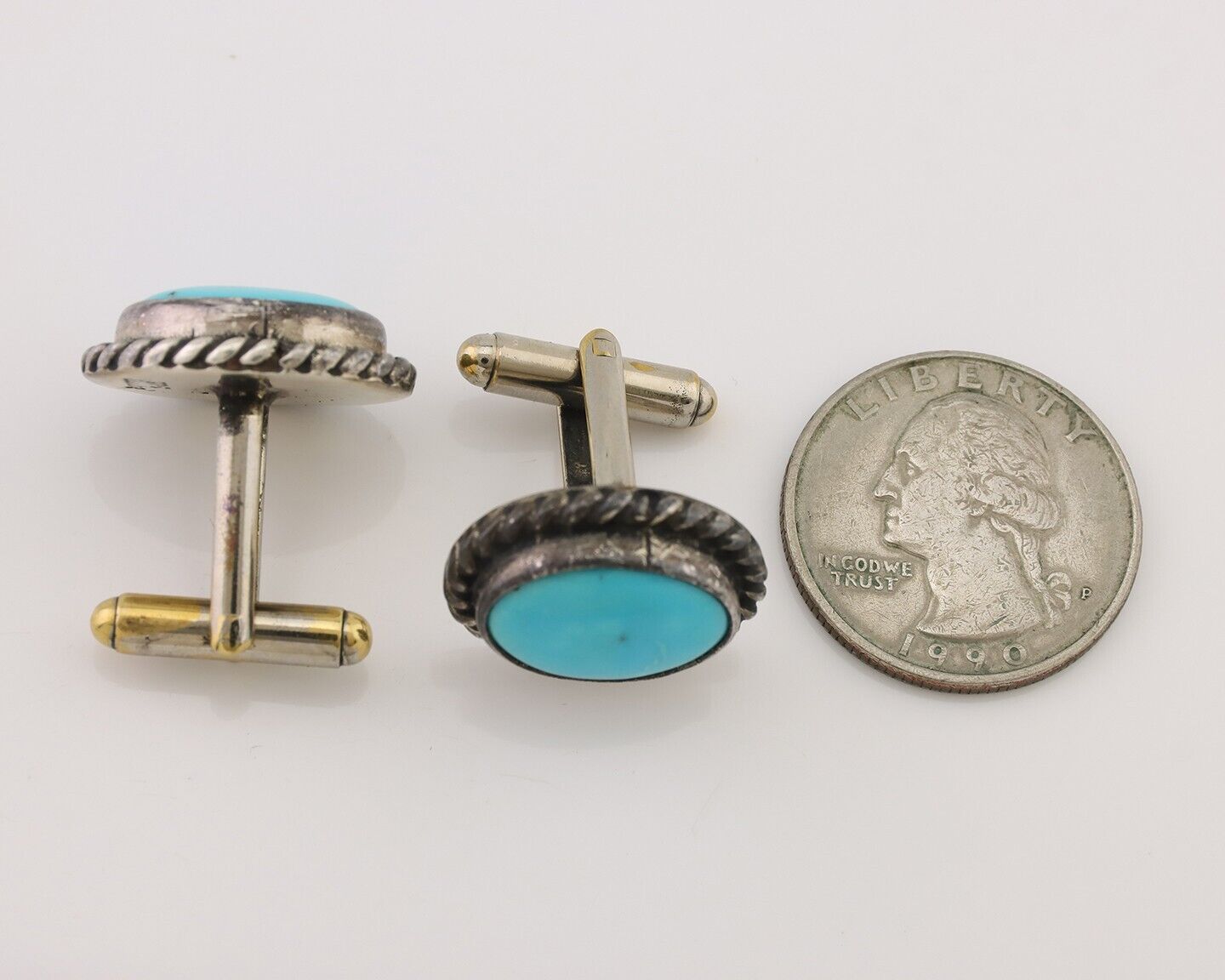Navajo Cufflinks 925 Silver Native American Natural Turquoise C.80's