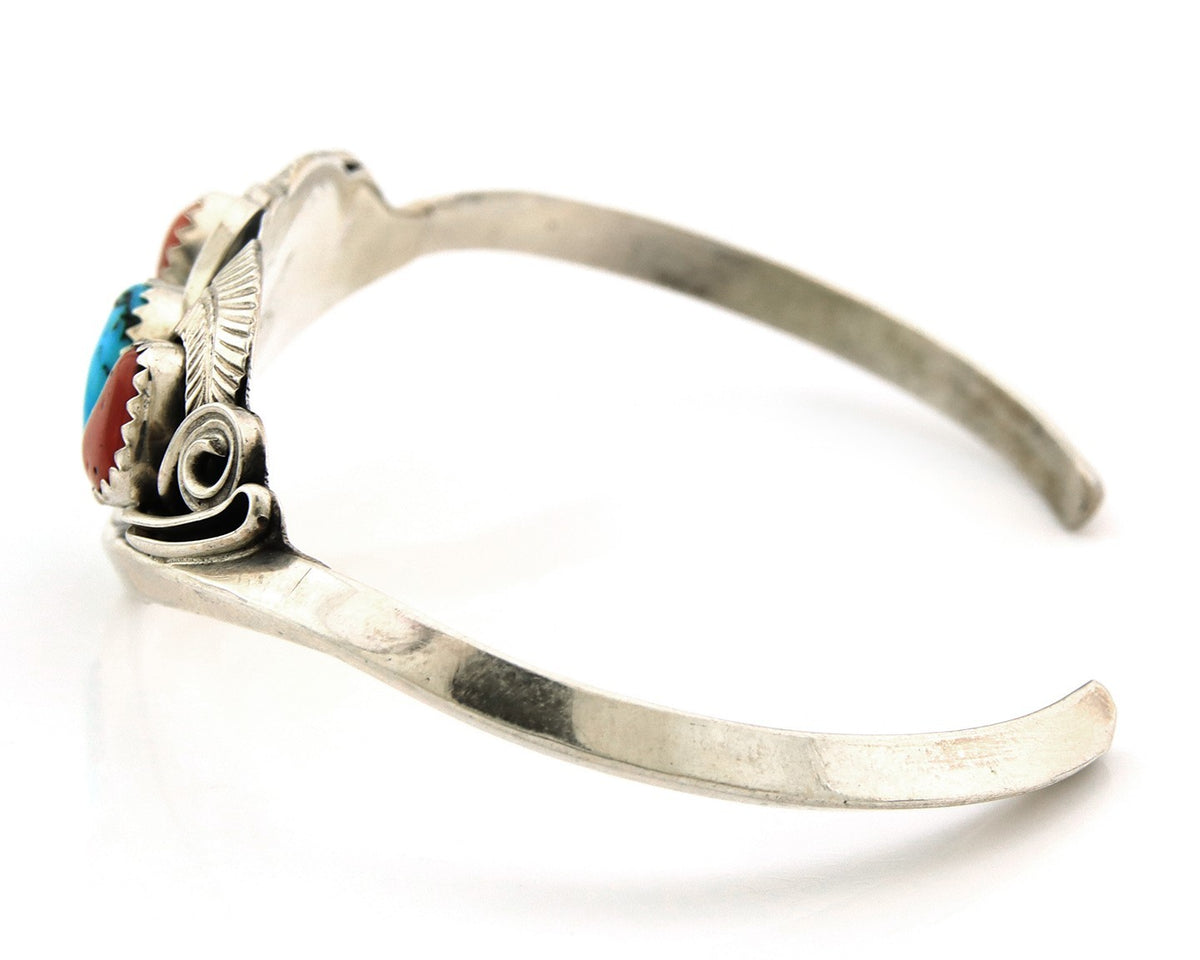 Navajo Cuff Bracelet Sterling Silver Natural Coral Turquoise Sign Justin Morris