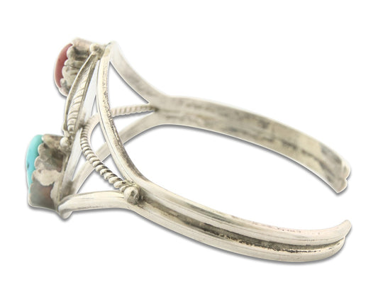 Vintage Navajo Bracelet 925 Silver Red Coral Turquoise Signed Paul J