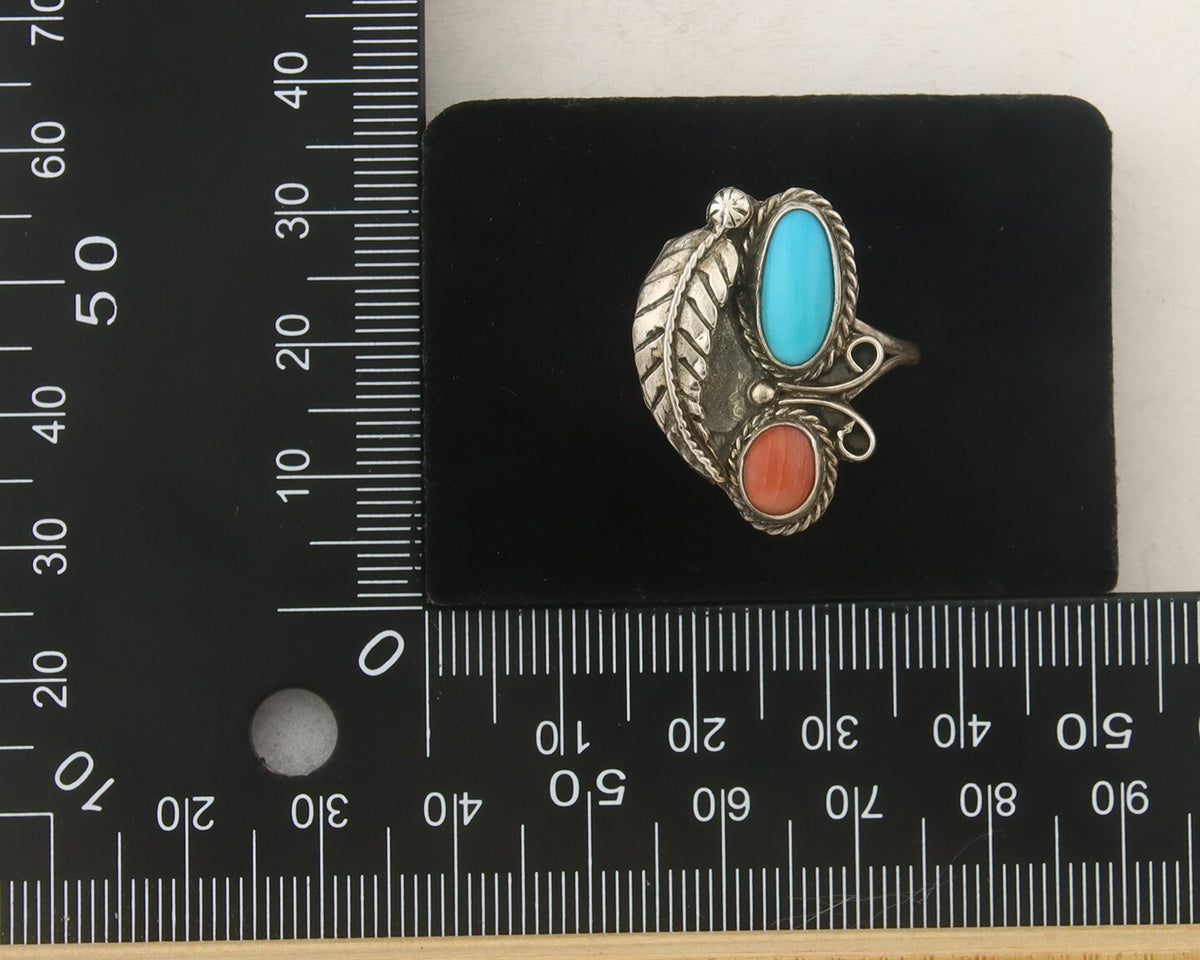 Navajo Ring 925 Sterling Natural Coral & Turquoise Signed EH C.80's Size 7.25