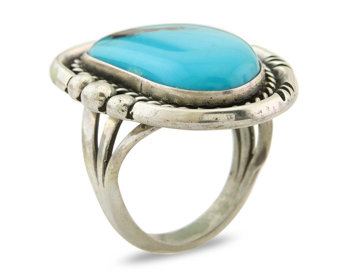Navajo Ring 925 Sterling Natural Blue Turquoise Signed Ben S C.80's Size 8.0
