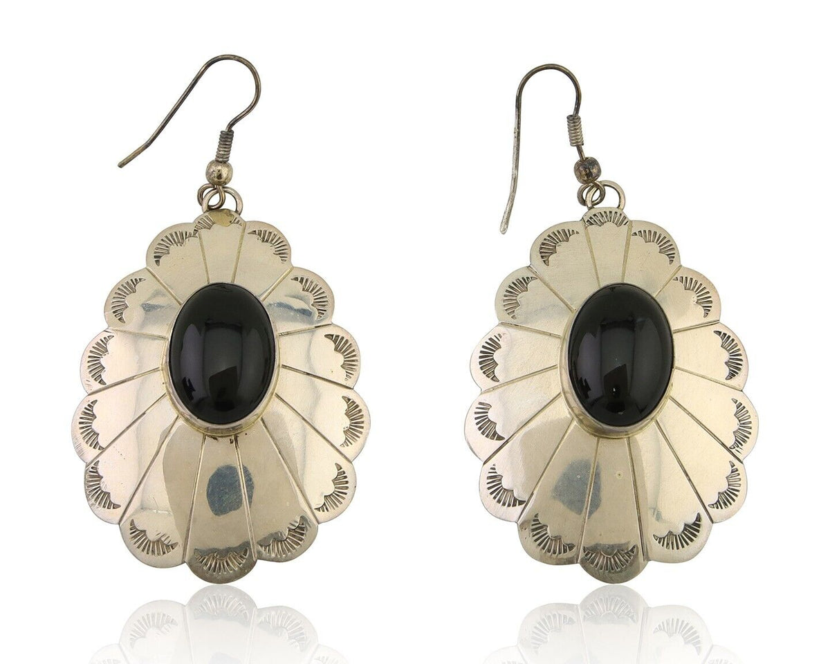 Navajo Handmade Earrings 925 Silver Onyx Artist Signed Robert Vandover C.80's