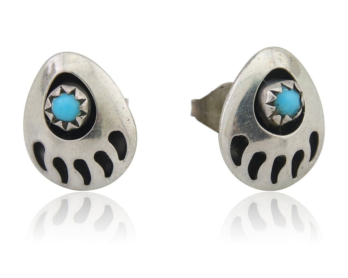 Navajo Paw Earrings 925 Silver Turquoise Native American Artist C.80's