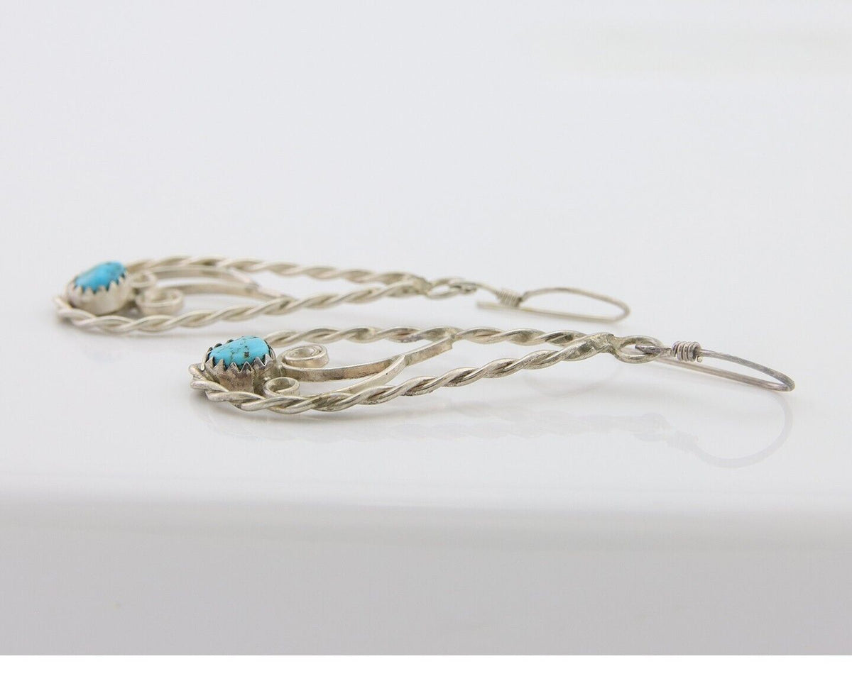 Navajo Dangle Earrings 925 Silver Natural Turquoise Artist Signed JB C.80's