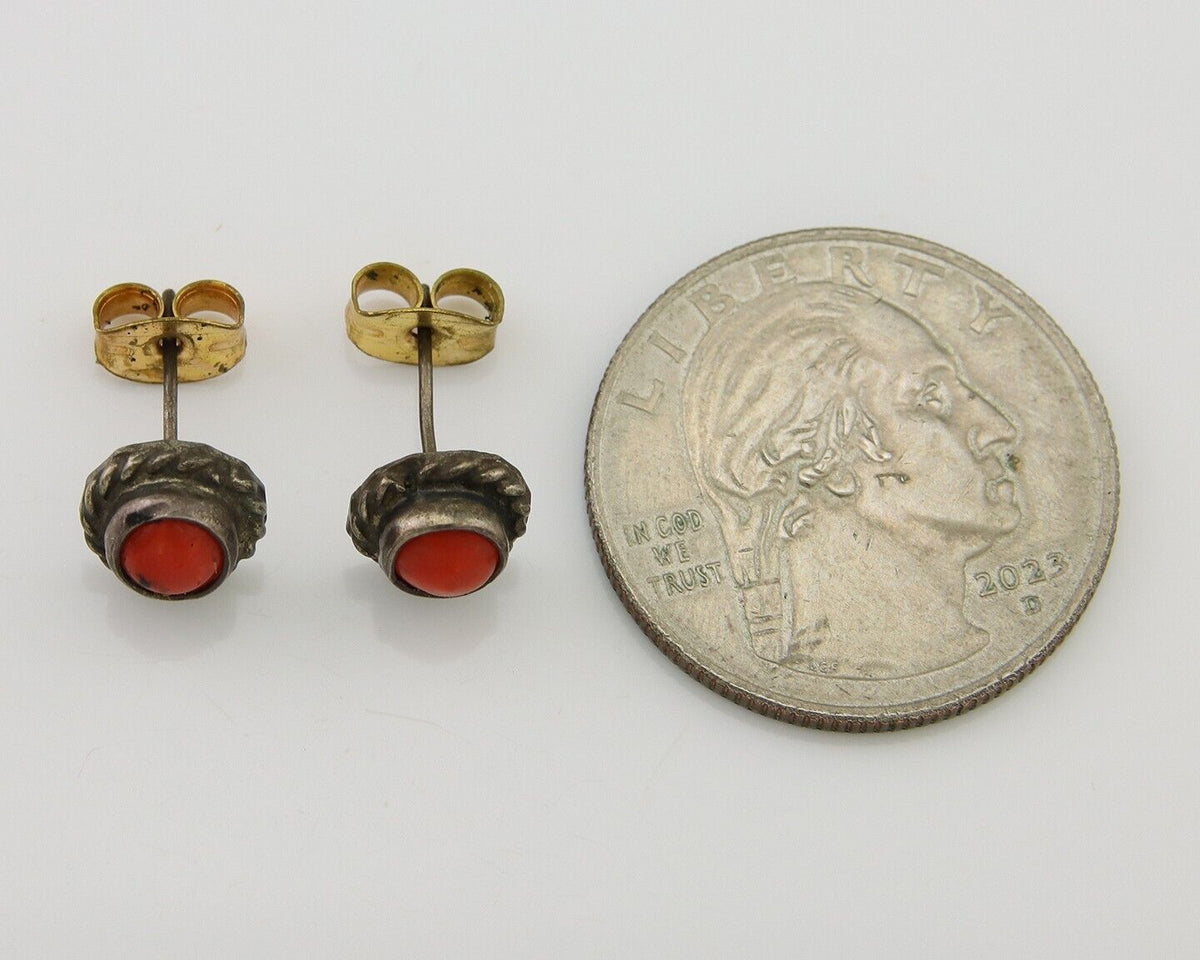 Navajo Earrings 925 Silver Natural Red Coral Native American Artist C.80's