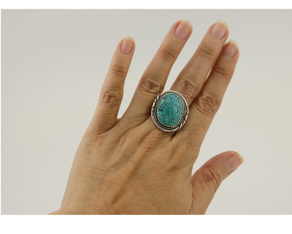 Navajo Ring 925 Silver Natural Spiderweb Turquoise Native Artist C.80's