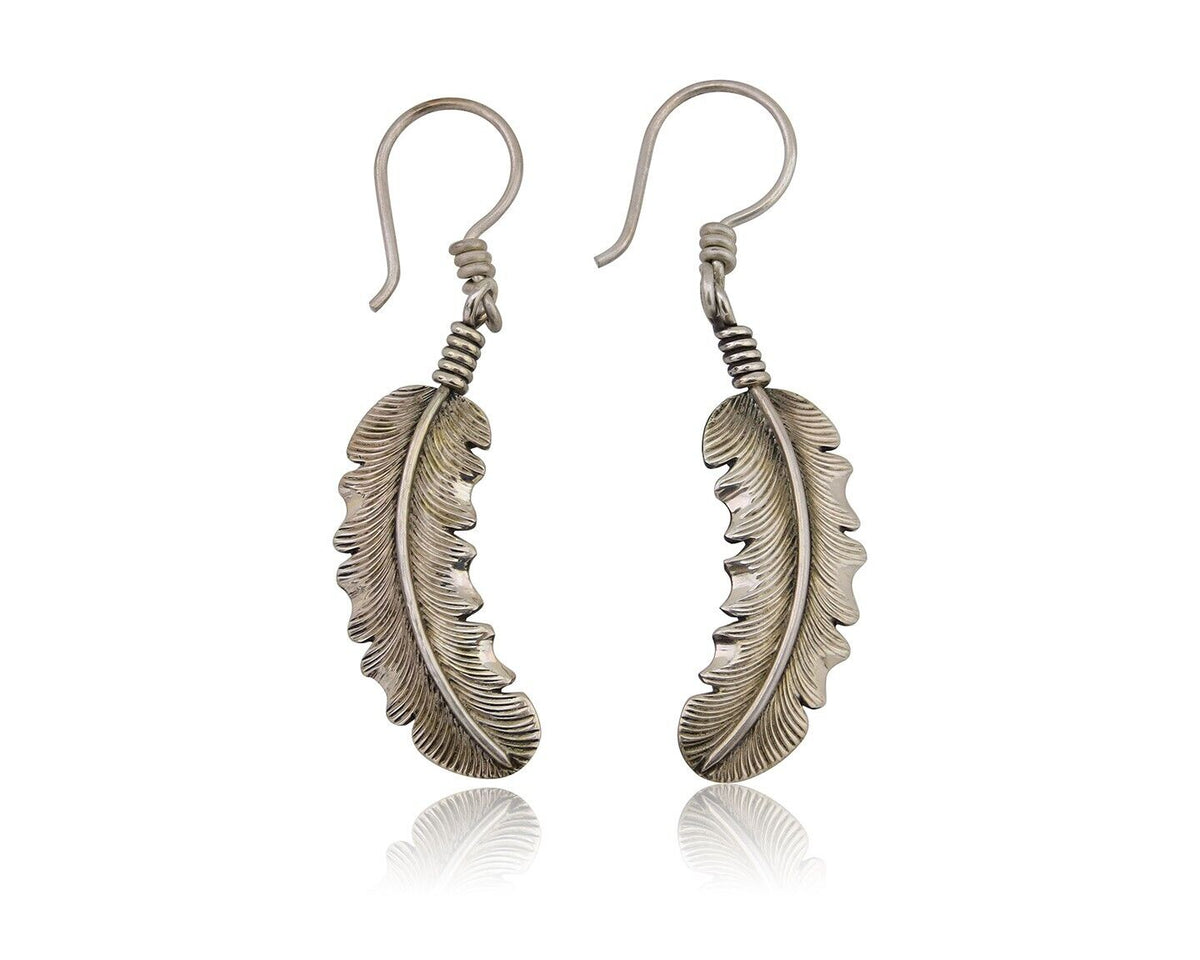 Navajo Eagle Feather Dangle Earrings 925 Silver Artist Signed D Lerma C.80's