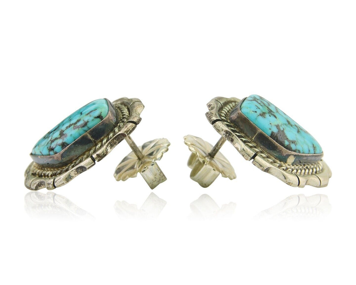 Navajo Earrings 925 Silver Natural Turquoise Artist Signed Sun West C80s