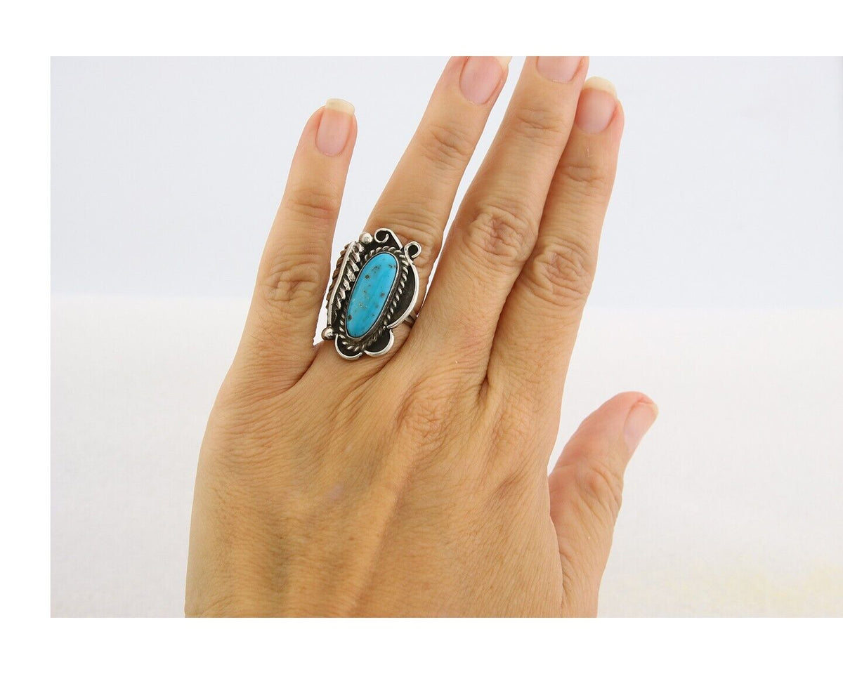 Navajo Ring 925 Sterling Natural Blue Turquoise Native Artist C.80's Size 4.5
