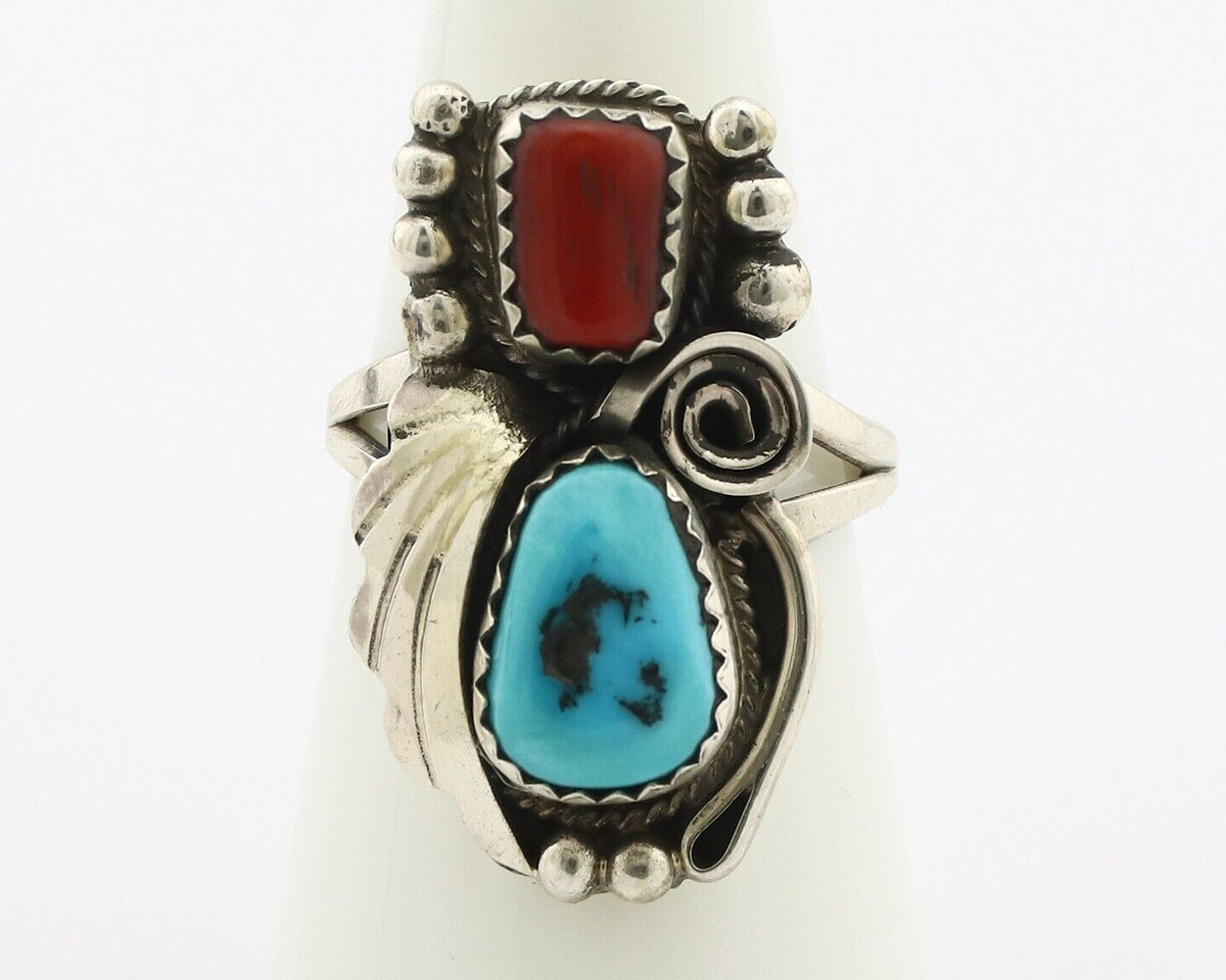 Navajo Ring .925 Silver Turquoise & Coral Artist Signed Justin Morris C.80's
