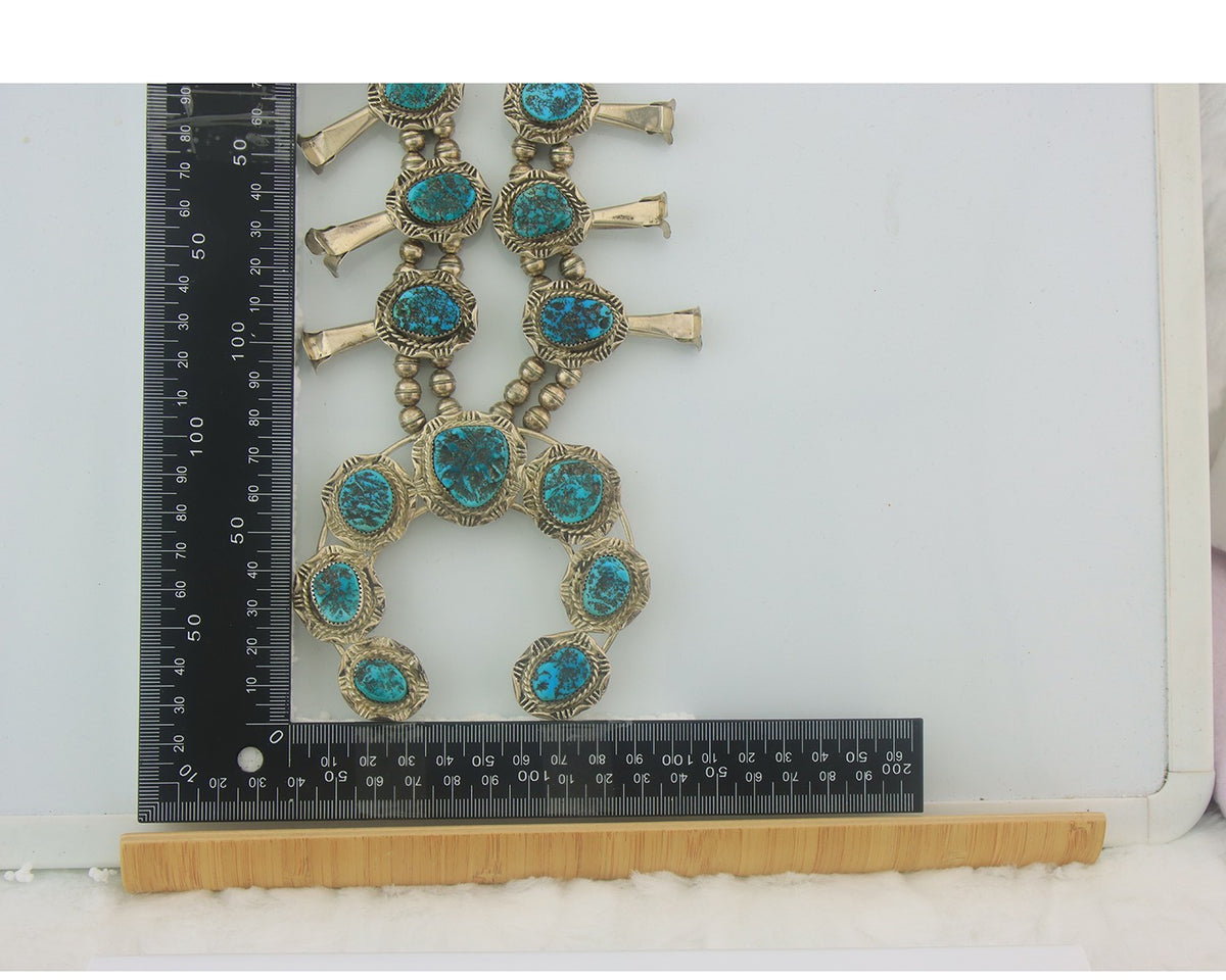 Navajo Sterling Silver Squash Necklace Authentic Nugget Turquoise Vintage Signed