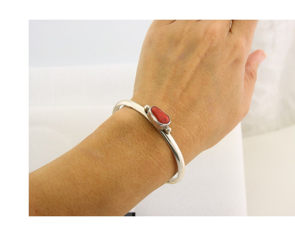 Navajo Bracelet .925 Silver Mediterranean Red Coral Cuff Native Artist C.80's