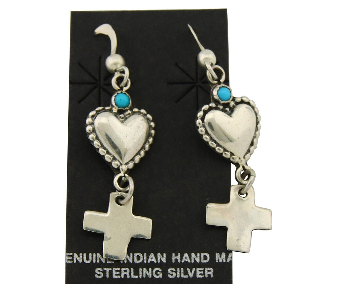Navajo Earrings 925 Silver Heart Cross Turquoise Native American Artist C.80's