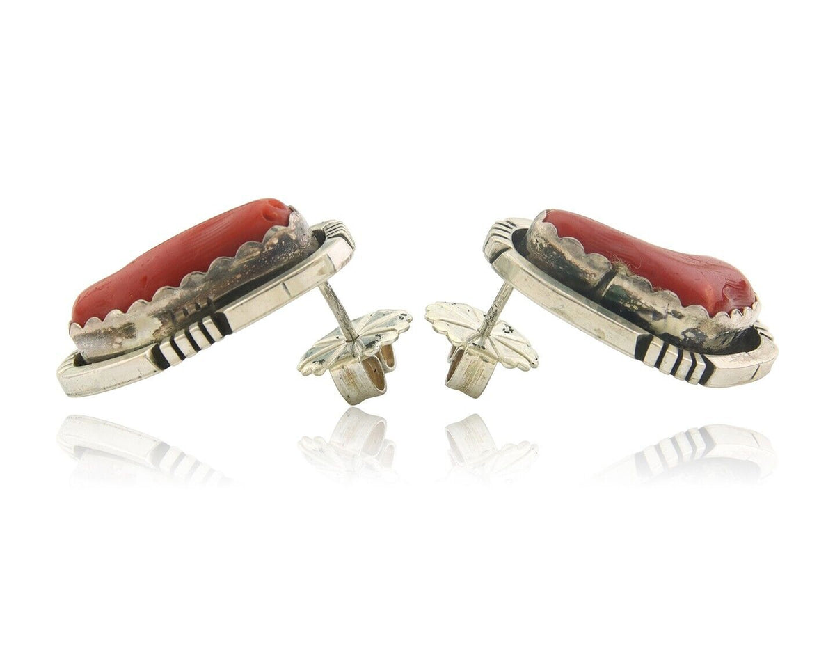 Navajo Earrings 925 Silver Natural Coral Artist Signed Charles Johnson C.80's